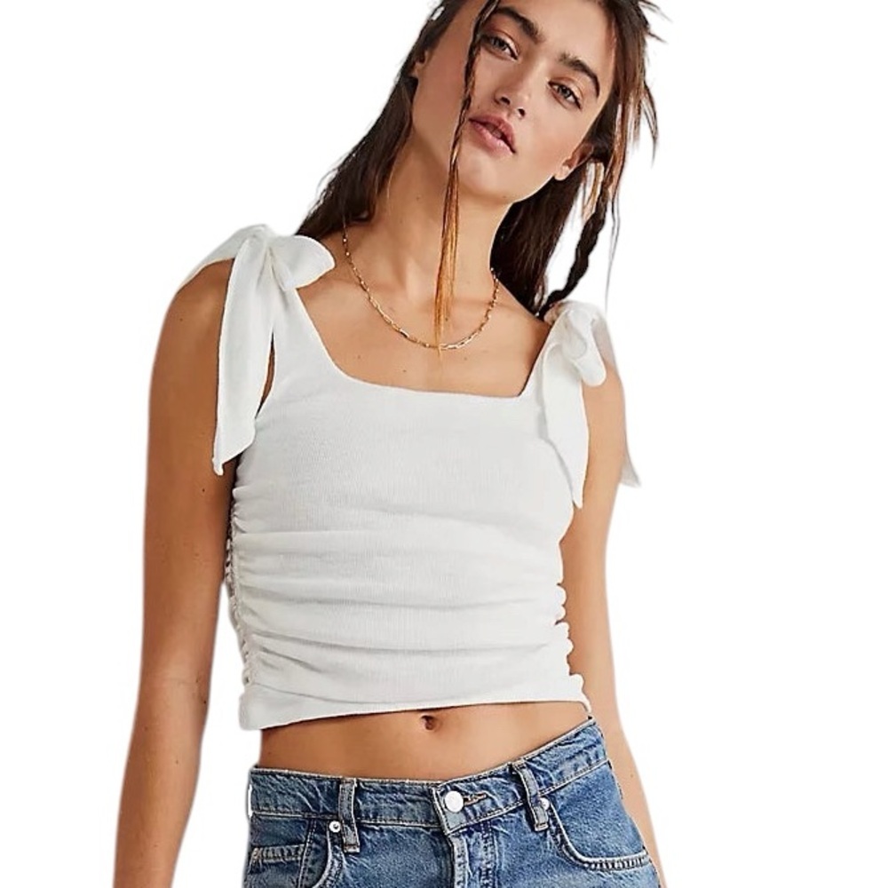 Free People Boardwalk Off White Ribbed Tie Shoulder Ruched Crop Tank Top - S